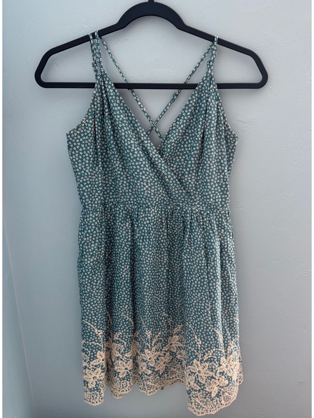Altar'd State Teal Floral Mini Dress with Cream Lace Hem - Size M